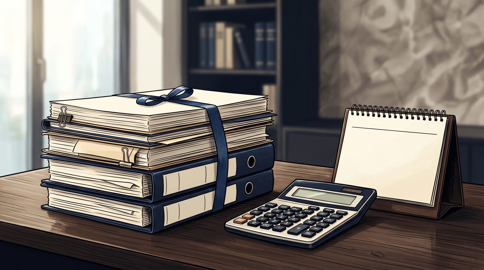Documentos legales, una calculadora y un calendario sobre el escritorio de un despacho de abogados