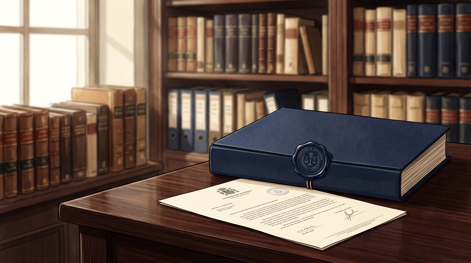 Carpeta de archivo con un sello oficial sobre el escritorio de un despacho de abogados