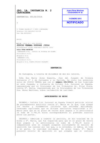 Portada de la sentencia obtenida contra Cofidis